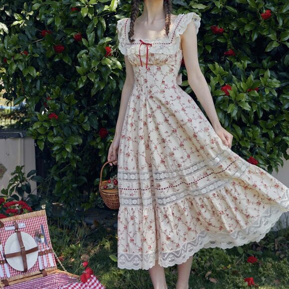 LACEMADE RED GARNET CORSET DRESS SIZE XS NWT Full sweep intricate ribbon lacings - Picture 6 of 8